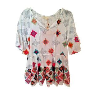 NWT Ruby YaYa Cotton Tunic Top Bright Embroidered Boho Tiered Oversized XS
